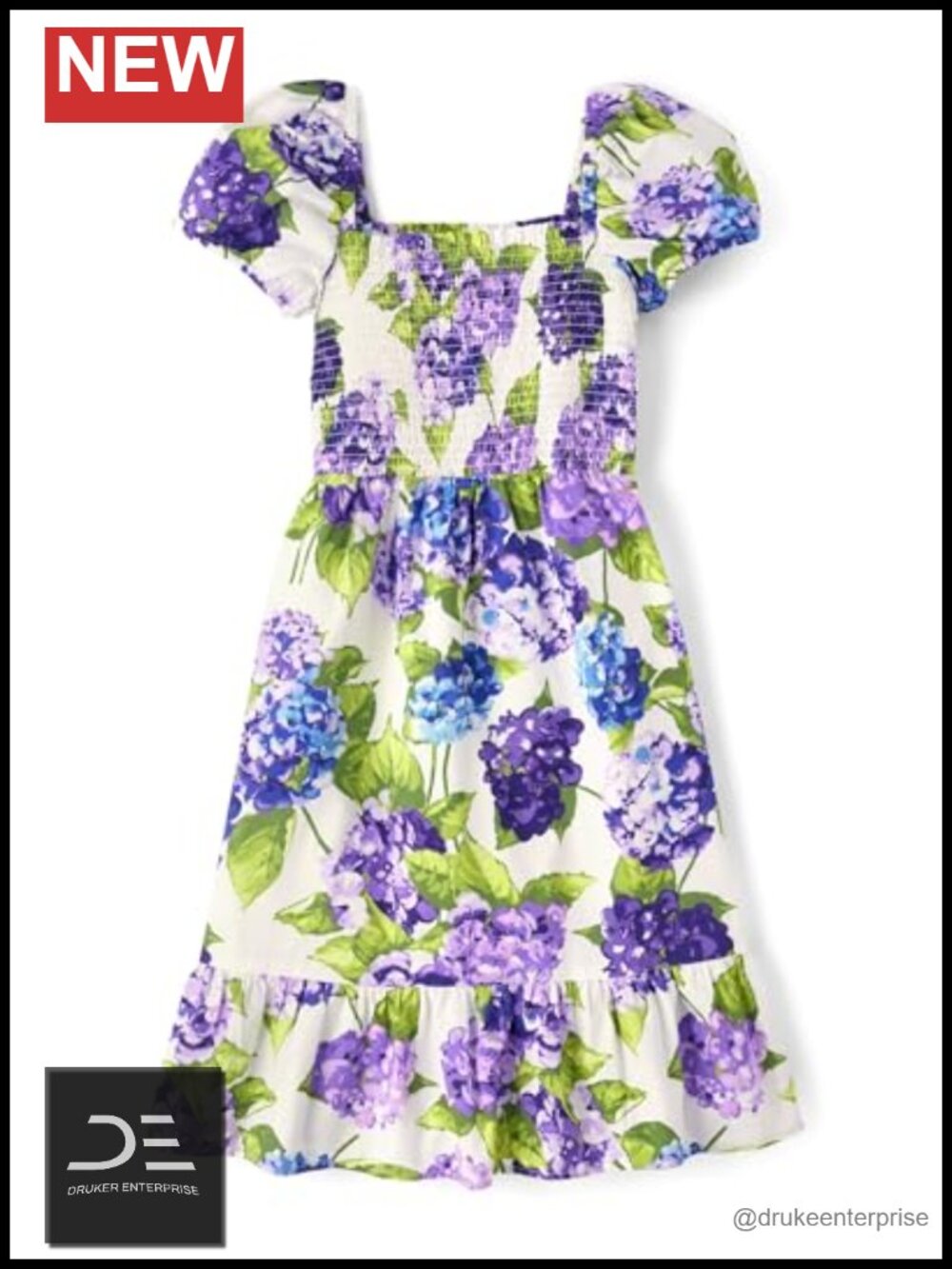 Short Sleeve Floral Smocked A-Line Dress with Ruffle Square Neck